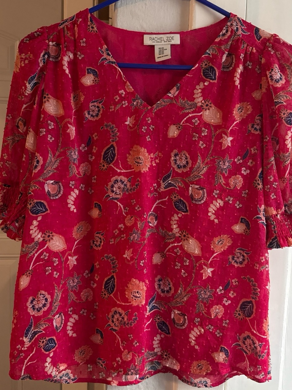 Rachel Zoe Fuchsia Floral V-Neck Puff Sleeve Blouse